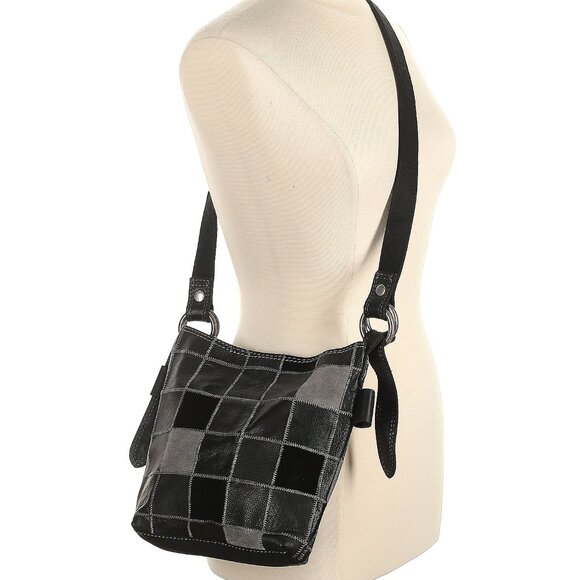 Lucky Brand Vintage Leather Patchwork Hobo Crossbody Purse Bag Grey Black New - Picture 5 of 14